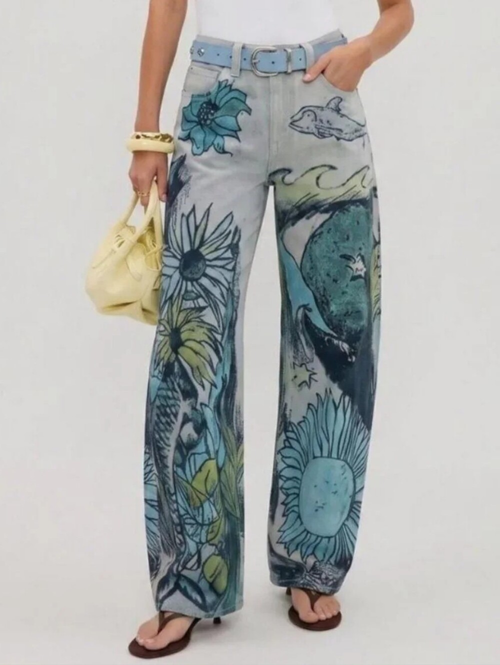 Free People We The Free Tinsley Printed Baggy Jeans Beach Scene NWT 24
